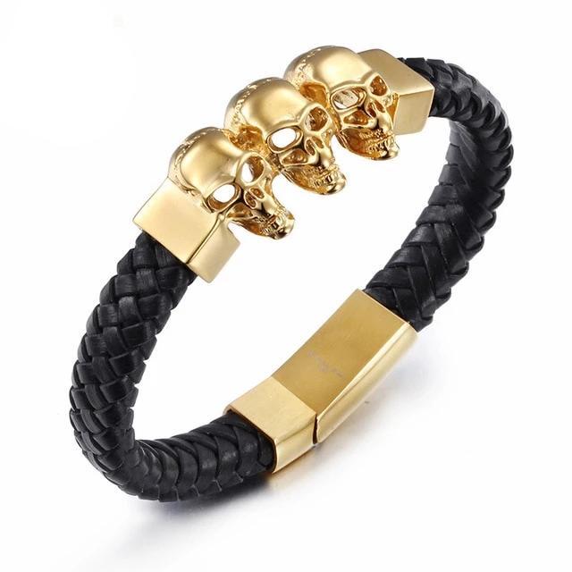 Black Braided Leather Stainless Steel Tri Skull Bracelet-Skull Bracelet-Innovato Design-Gold-Innovato Design