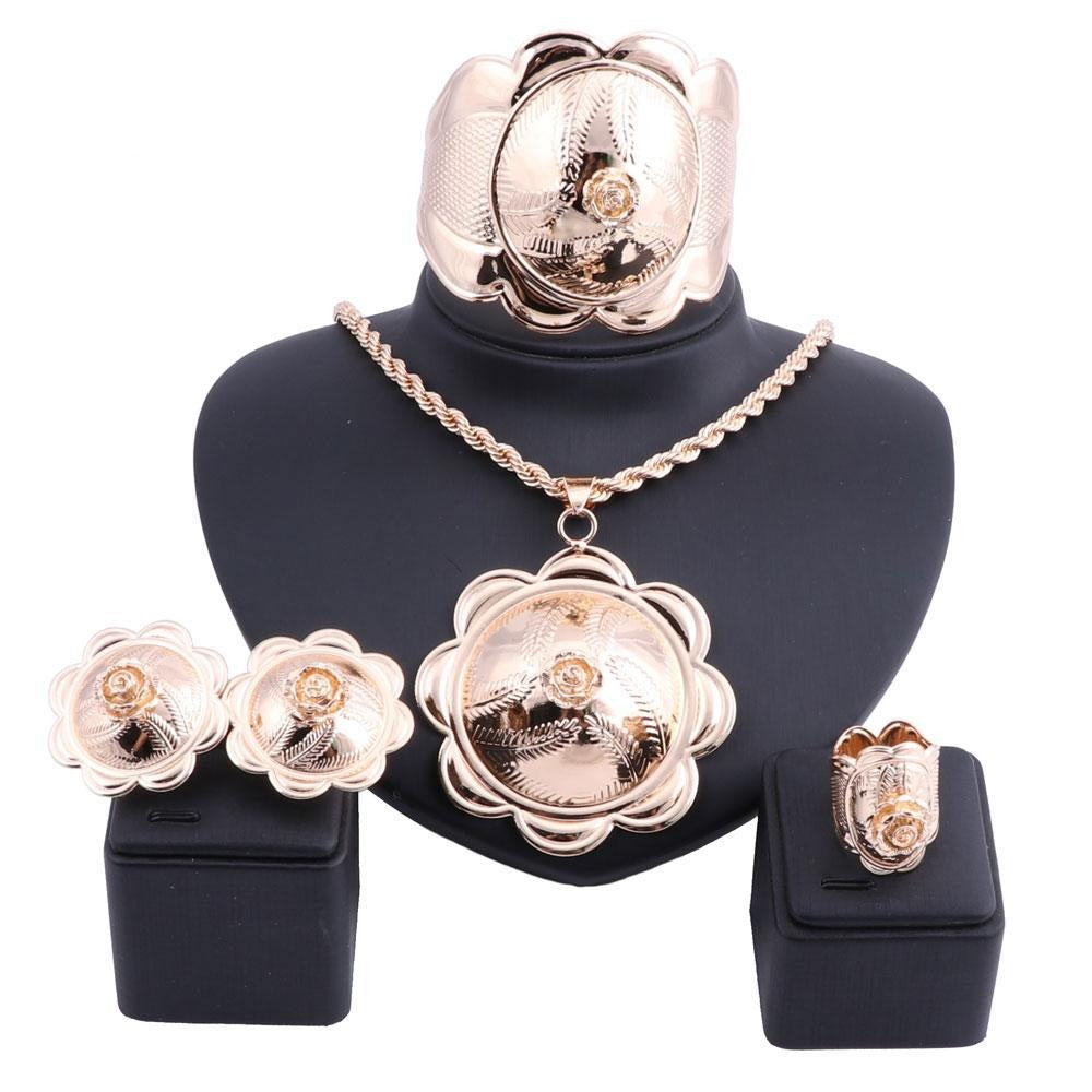Gold-Plated Flower Cup Necklace, Bracelet, Earrings & Ring Wedding Statement Jewelry Set-Jewelry Sets-Innovato Design-Innovato Design