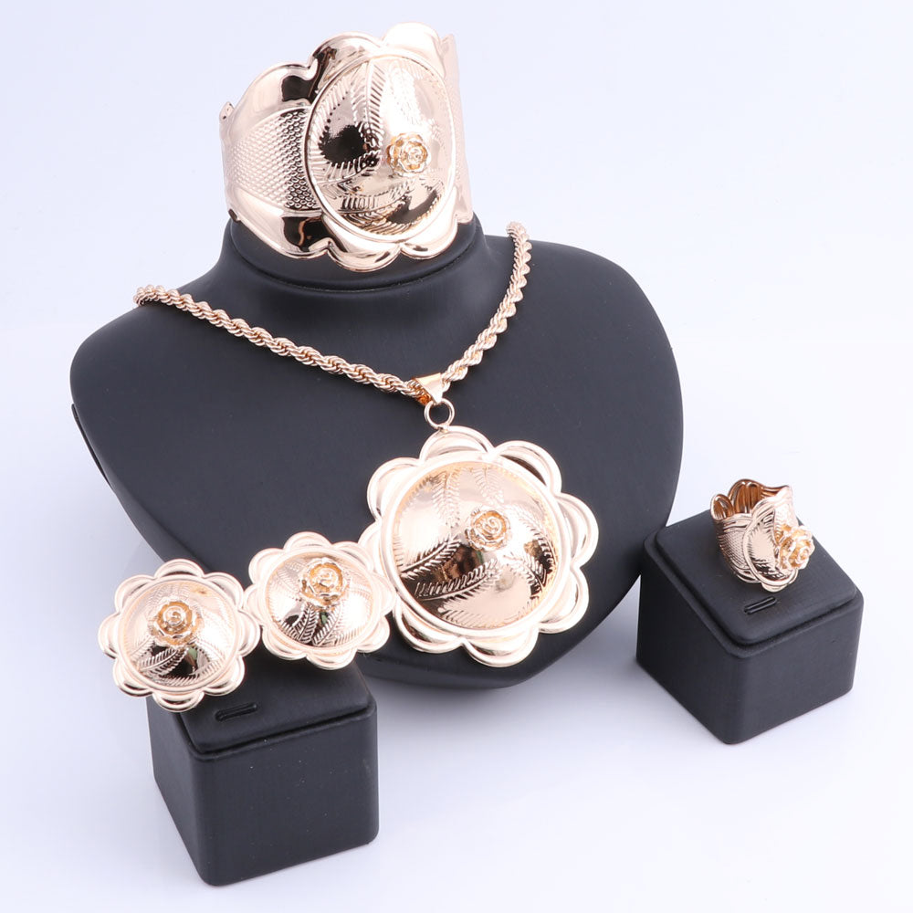 Gold-Plated Flower Cup Necklace, Bracelet, Earrings & Ring Wedding Statement Jewelry Set-Jewelry Sets-Innovato Design-Innovato Design