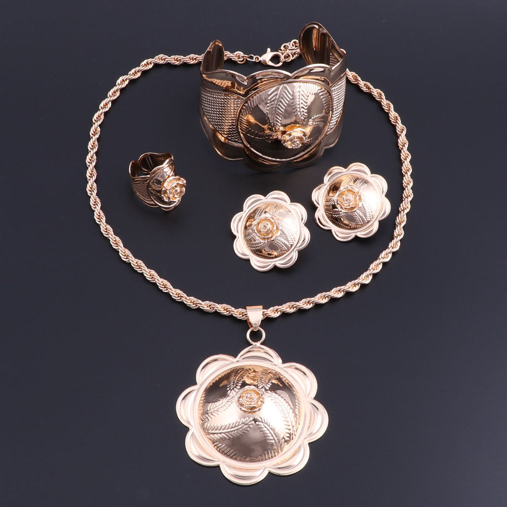 Gold-Plated Flower Cup Necklace, Bracelet, Earrings & Ring Wedding Statement Jewelry Set-Jewelry Sets-Innovato Design-Innovato Design