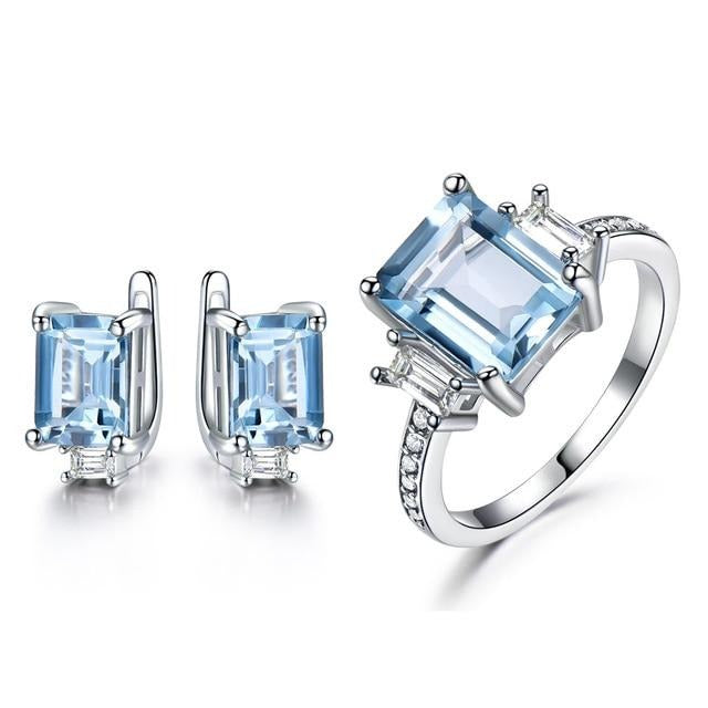 Sky Blue Topaz and Cubic Zirconia 925 Sterling Silver Clip Earrings & Ring Jewelry Set-Earrings-Innovato Design-5-Innovato Design