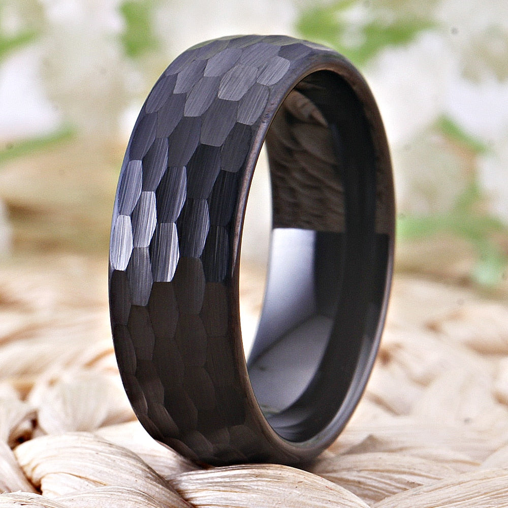 8mm Hammered and Domed Multi-Faceted Black-Plated Tungsten Wedding Band-Rings-Innovato Design-6-Innovato Design