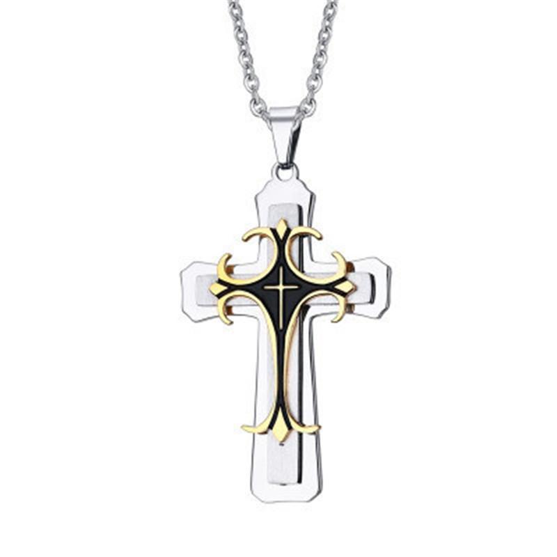 Multi-layer Metal Three Tone Cross Pendant Necklace-Necklaces-Innovato Design-Silver & Gold-24 inch-Innovato Design