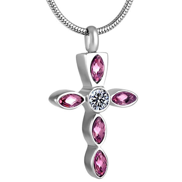 Silver Crystal Cross Memorial Urn Pendant with Necklace-Necklaces-Innovato Design-Purple-Innovato Design