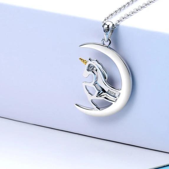 925 Sterling Silver Crescent Moon Crystal with Unicorn Pendant Necklace-Necklaces-Innovato Design-Innovato Design