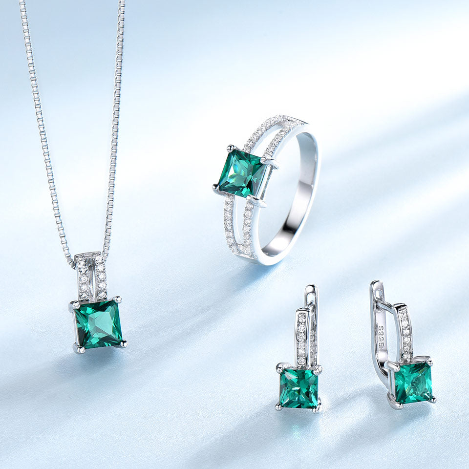 Emerald or Topaz and Cubic Zirconia 925 Sterling Silver Pendant, Stud Earrings & Ring Jewelry Set-Jewelry Sets-Innovato Design-Sky Blue-5-Innovato Design