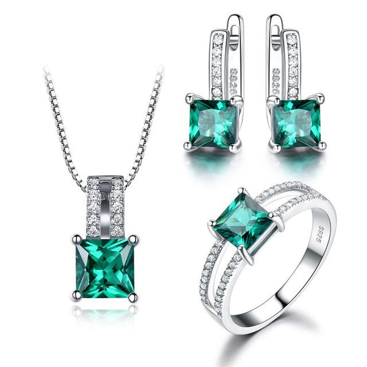 Emerald or Topaz and Cubic Zirconia 925 Sterling Silver Pendant, Stud Earrings & Ring Jewelry Set-Jewelry Sets-Innovato Design-Green-10-Innovato Design