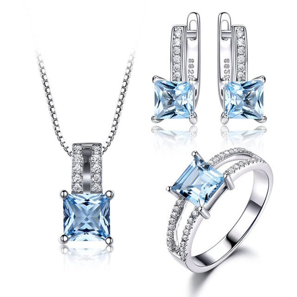 Emerald or Topaz and Cubic Zirconia 925 Sterling Silver Pendant, Stud Earrings & Ring Jewelry Set-Jewelry Sets-Innovato Design-Sky Blue-10-Innovato Design