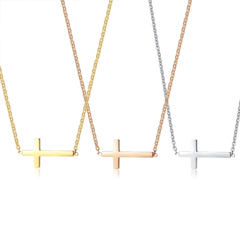 Simple Sideways Cross Necklaces for Women Three Colors Stainless Steel Prayer Pendant Femme Girls Accessories-Necklaces-Innovato Design-Gold-Innovato Design