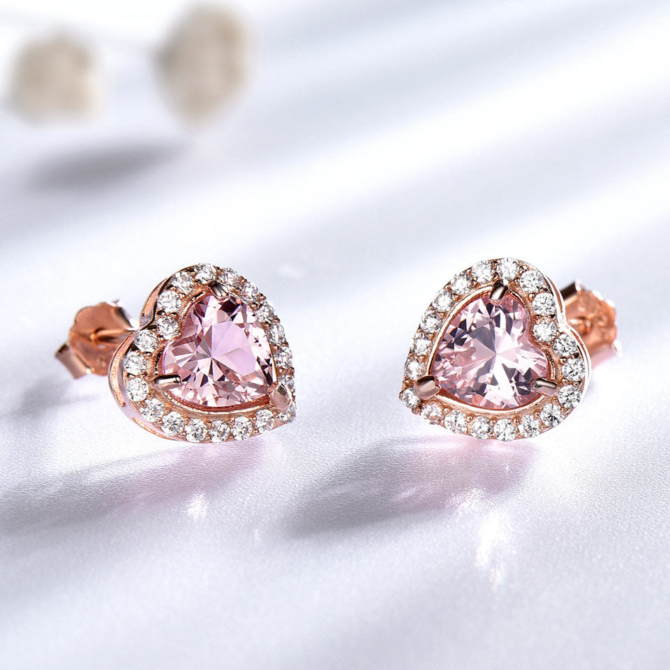 Pink Heart Morganite and Cubic Zirconia 925 Sterling Silver Wedding Stud Earrings-Earrings-Innovato Design-Innovato Design