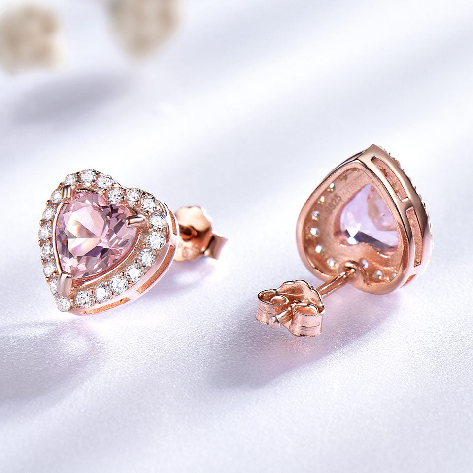 Pink Heart Morganite and Cubic Zirconia 925 Sterling Silver Wedding Stud Earrings-Earrings-Innovato Design-Innovato Design