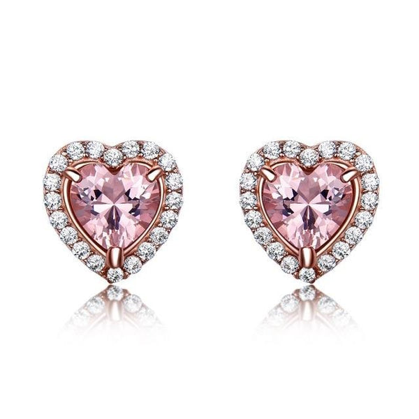 Pink Heart Morganite and Cubic Zirconia 925 Sterling Silver Wedding Stud Earrings-Earrings-Innovato Design-Innovato Design
