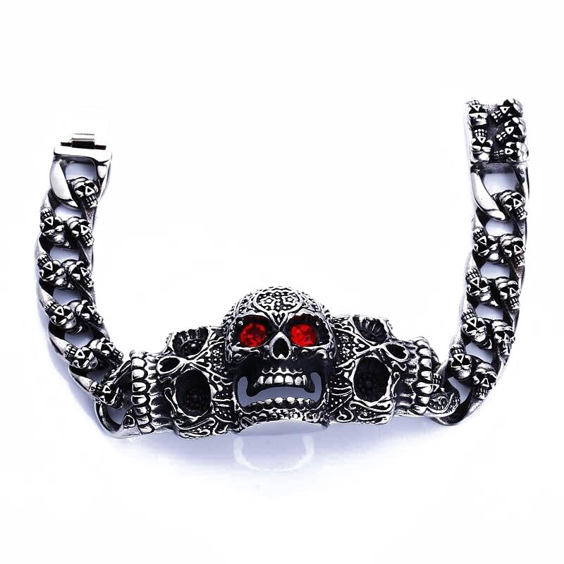316L Stainless Steel Punk Red Eye Carved Skull Bracelet-Skull Bracelet-Innovato Design-7.7 inch-Innovato Design