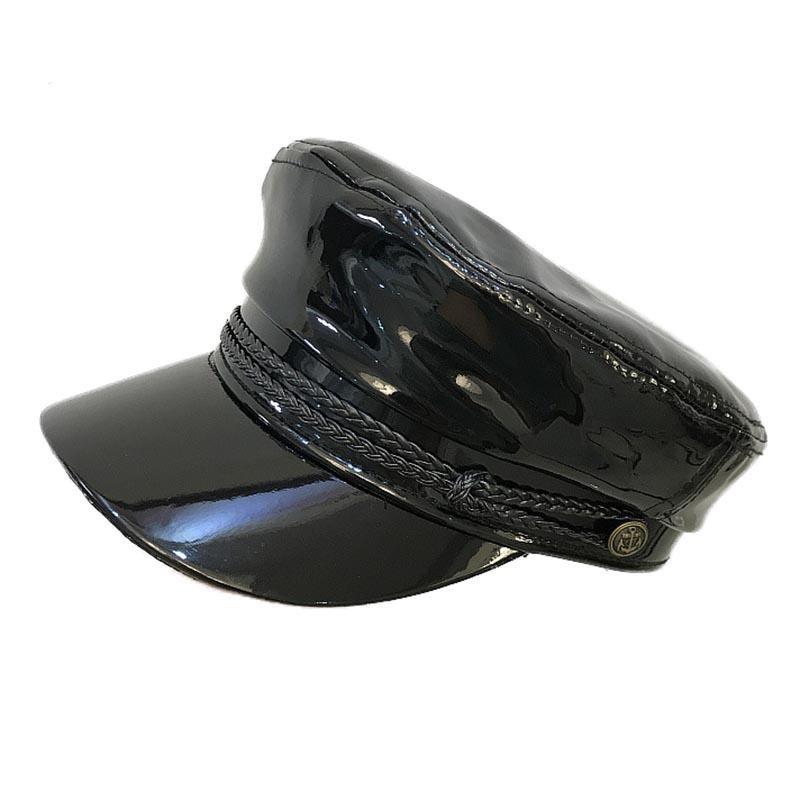 Faux Leather Shiny Black Flat Top Army Military Cap with Braids and Buttons-Hats-Innovato Design-Innovato Design