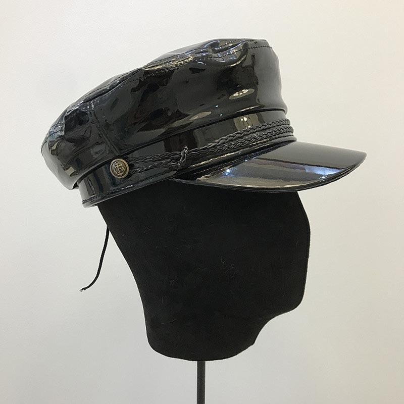 Faux Leather Shiny Black Flat Top Army Military Cap with Braids and Buttons-Hats-Innovato Design-Innovato Design