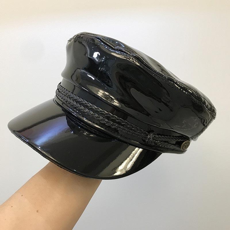 Faux Leather Shiny Black Flat Top Army Military Cap with Braids and Buttons-Hats-Innovato Design-Innovato Design