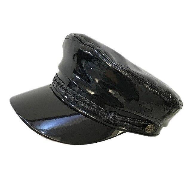 Faux Leather Shiny Black Flat Top Army Military Cap with Braids and Buttons-Hats-Innovato Design-Innovato Design