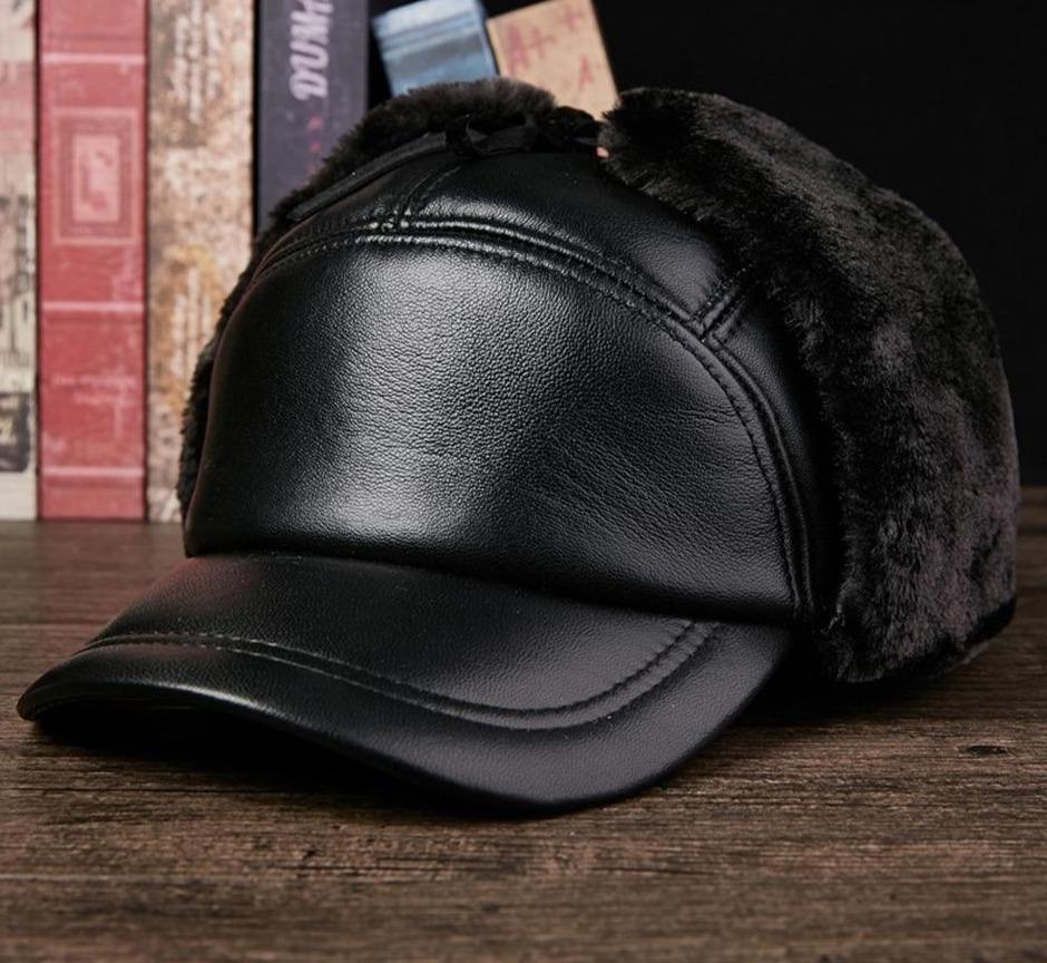Black Leather Bomber Hat with Earflaps-Hats-Innovato Design-L-Innovato Design