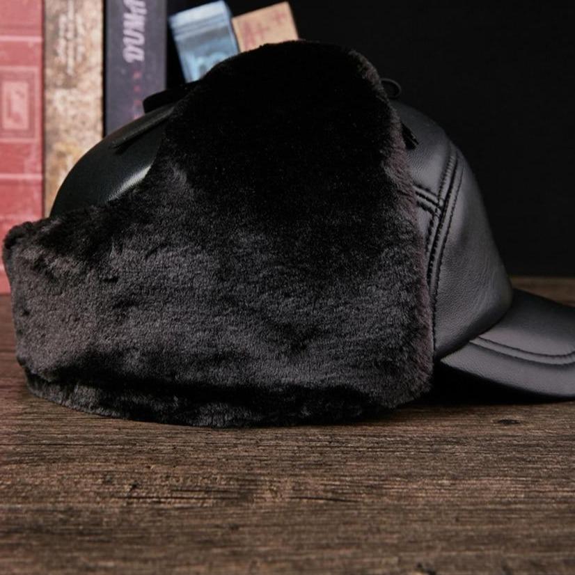 Black Leather Bomber Hat with Earflaps-Hats-Innovato Design-L-Innovato Design