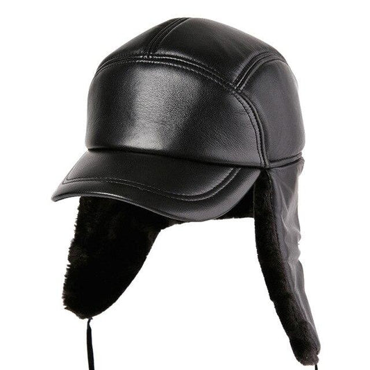 Black Leather Bomber Hat with Earflaps-Hats-Innovato Design-L-Innovato Design