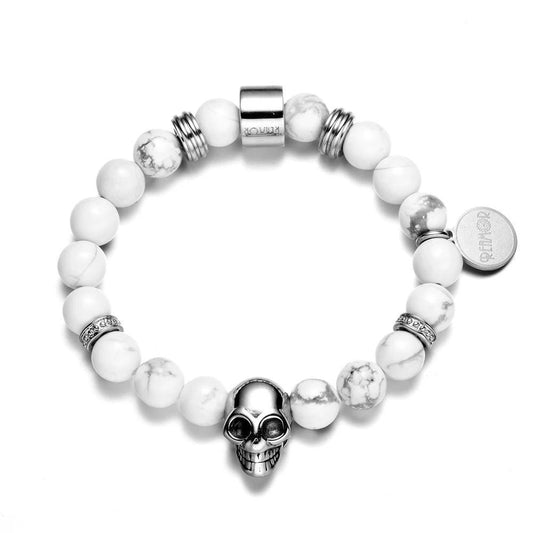 Flawless White Natural Stone Stainless Steel Beaded Skull Bracelet-Skull Bracelet-Innovato Design-6.7-Innovato Design