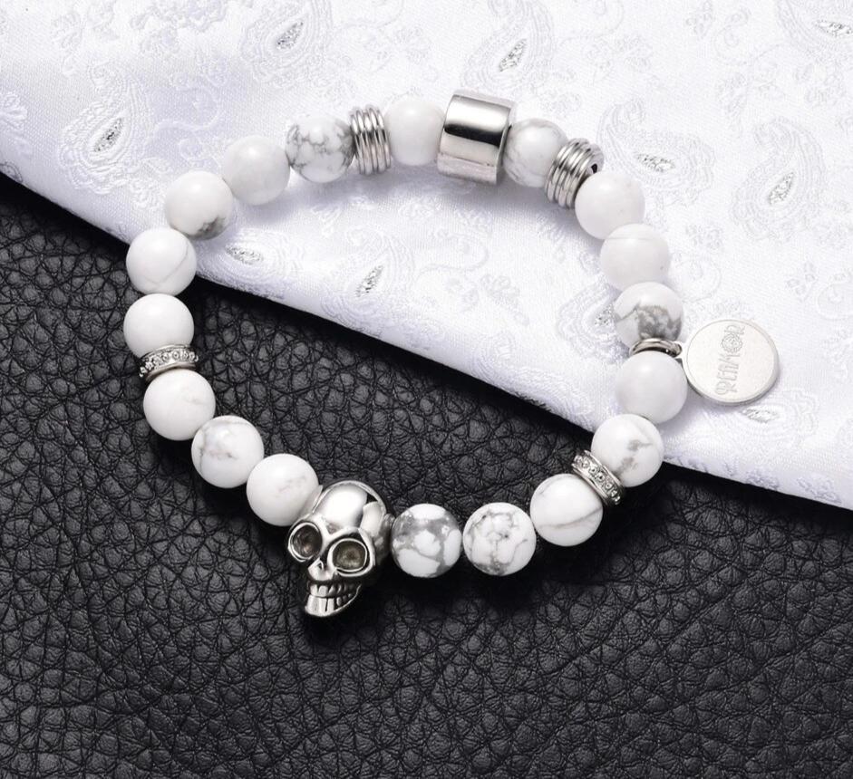 Flawless White Natural Stone Stainless Steel Beaded Skull Bracelet-Skull Bracelet-Innovato Design-6.7-Innovato Design