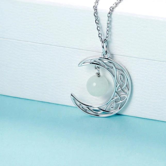 Sterling Silver Crescent Moon with White Bead Pendant Necklace-Necklaces-Innovato Design-Innovato Design