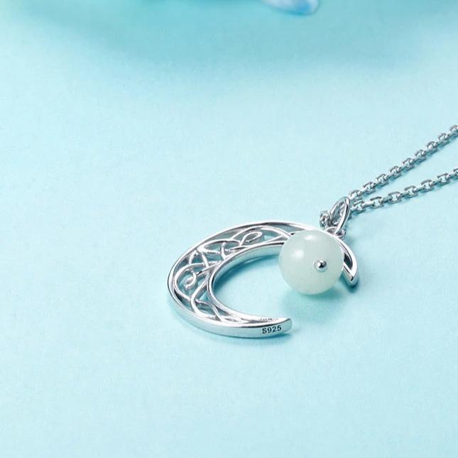 Sterling Silver Crescent Moon with White Bead Pendant Necklace-Necklaces-Innovato Design-Innovato Design