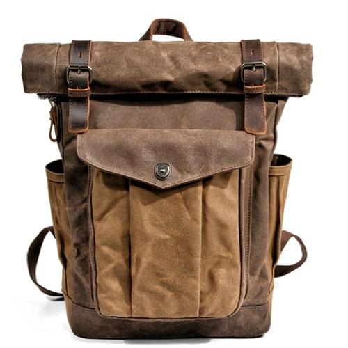 Oil Waxed Vintage Canvas and Genuine Leather Waterproof Travel Backpack-Canvas and Leather Backpack-Innovato Design-Dark Brown-Innovato Design