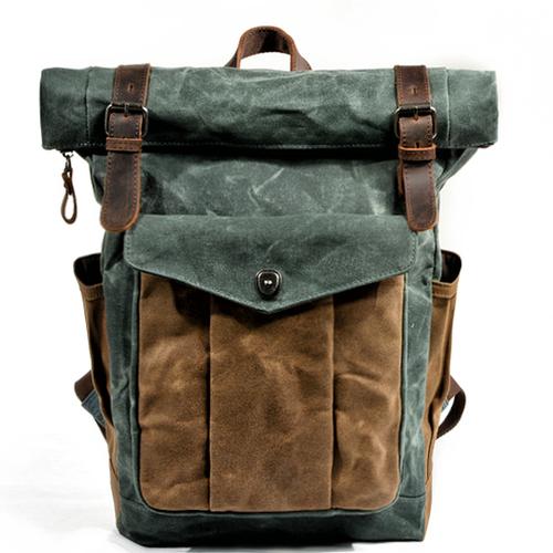Oil Waxed Vintage Canvas and Genuine Leather Waterproof Travel Backpack-Canvas and Leather Backpack-Innovato Design-Green lake-Innovato Design