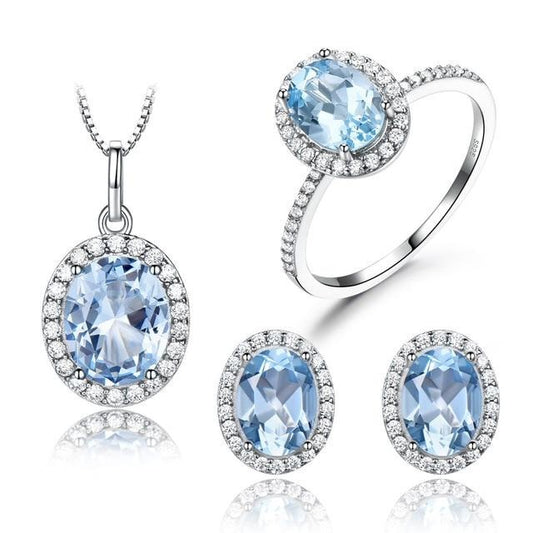 Pink Sapphire or Sky Blue Topaz and Cubic Zirconia 925 Sterling Silver Pendant, Stud Earrings & Ring Jewelry Set-Jewelry Sets-Innovato Design-Blue Topaz-10-Innovato Design