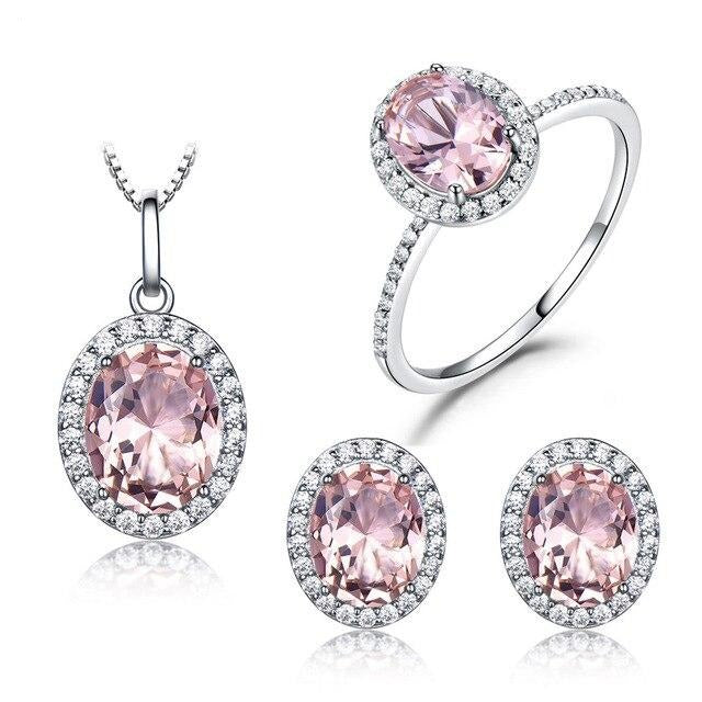 Pink Sapphire or Sky Blue Topaz and Cubic Zirconia 925 Sterling Silver Pendant, Stud Earrings & Ring Jewelry Set-Jewelry Sets-Innovato Design-Morganite-5-Innovato Design