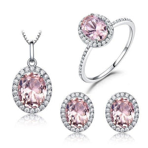 Pink Sapphire or Sky Blue Topaz and Cubic Zirconia 925 Sterling Silver Pendant, Stud Earrings & Ring Jewelry Set-Jewelry Sets-Innovato Design-Morganite-5-Innovato Design