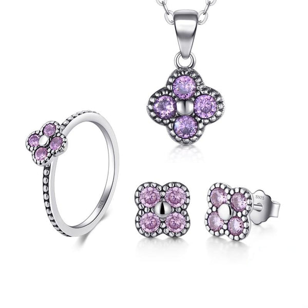 Purple Flower Cubic Zirconia 925 Sterling Silver Necklace, Earrings & Ring Fashion Jewelry Set-Jewelry Sets-Innovato Design-6-Innovato Design