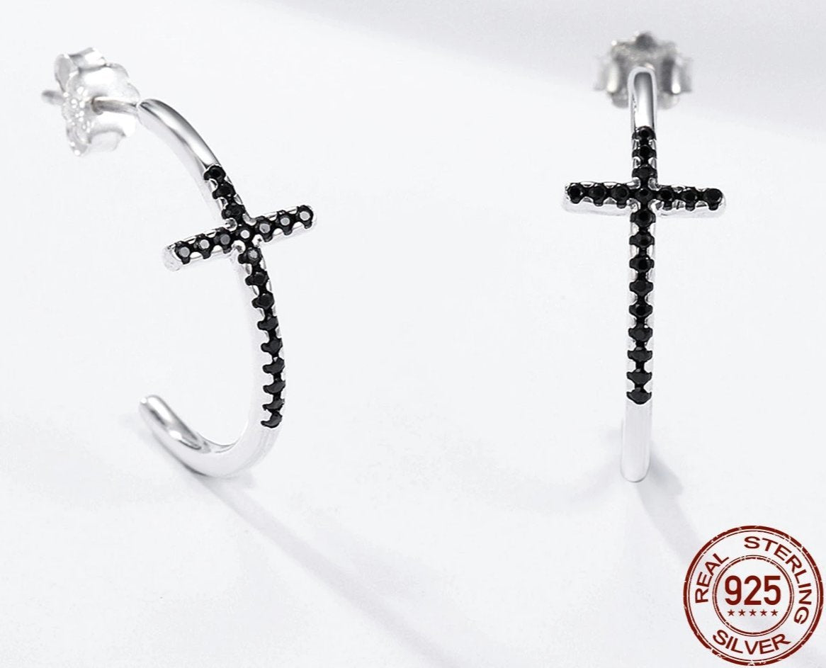 925 Sterling Silver Cross Hoop Earrings with Black Zircon-Earrings-Innovato Design-Innovato Design