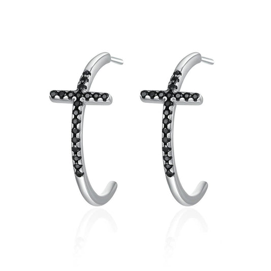 925 Sterling Silver Cross Hoop Earrings with Black Zircon-Earrings-Innovato Design-Innovato Design