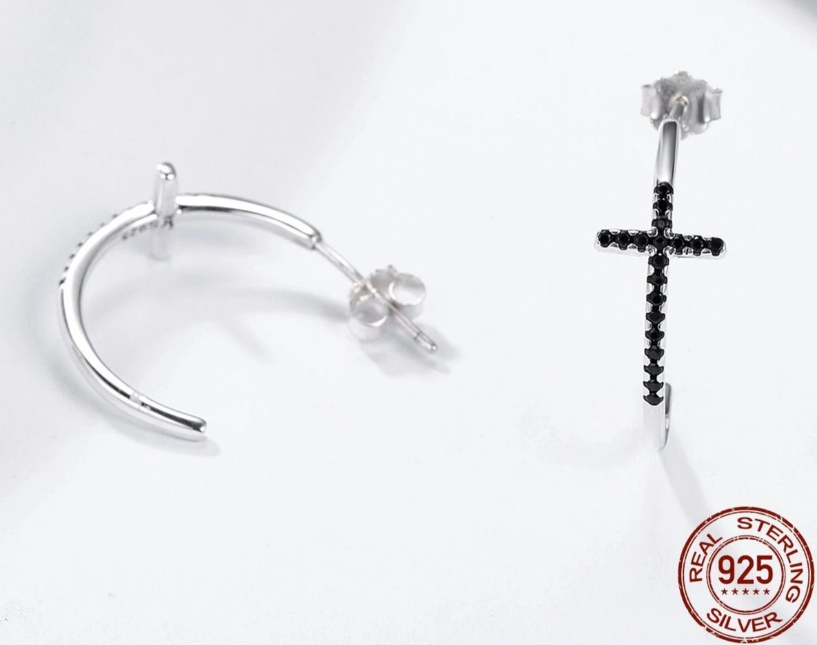 925 Sterling Silver Cross Hoop Earrings with Black Zircon-Earrings-Innovato Design-Innovato Design