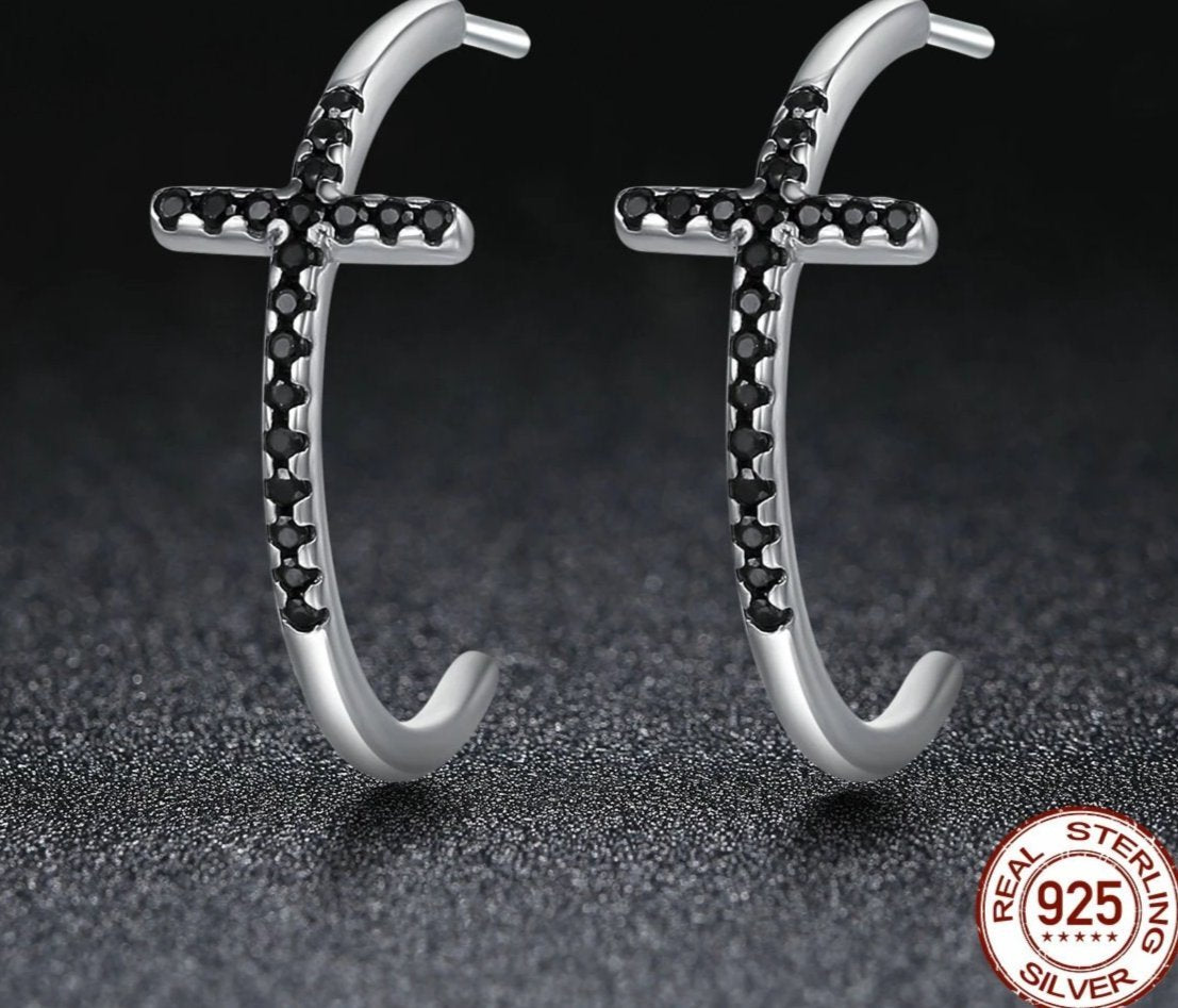 925 Sterling Silver Cross Hoop Earrings with Black Zircon-Earrings-Innovato Design-Innovato Design