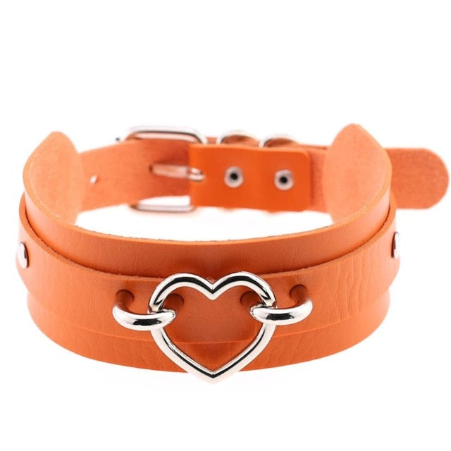 Silver Color Metal Heart Collar Choker Leather Handmade Punk Harajuku Necklace-Necklace-Innovato Design-Orange-Innovato Design