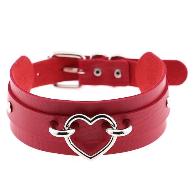 Silver Color Metal Heart Collar Choker Leather Handmade Punk Harajuku Necklace-Necklace-Innovato Design-Red-Innovato Design