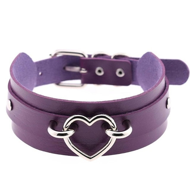 Silver Color Metal Heart Collar Choker Leather Handmade Punk Harajuku Necklace-Necklace-Innovato Design-Purple-Innovato Design