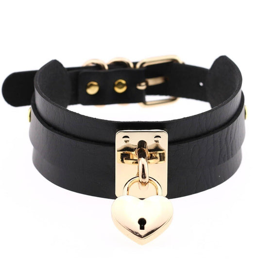 Gold Metal Heart Lock Choker Collar Leather Gothic Punk Necklace