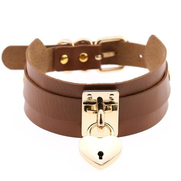 Gold Metal Heart Lock Choker Collar Leather Gothic Punk Necklace-Necklace-Innovato Design-Brown-Innovato Design