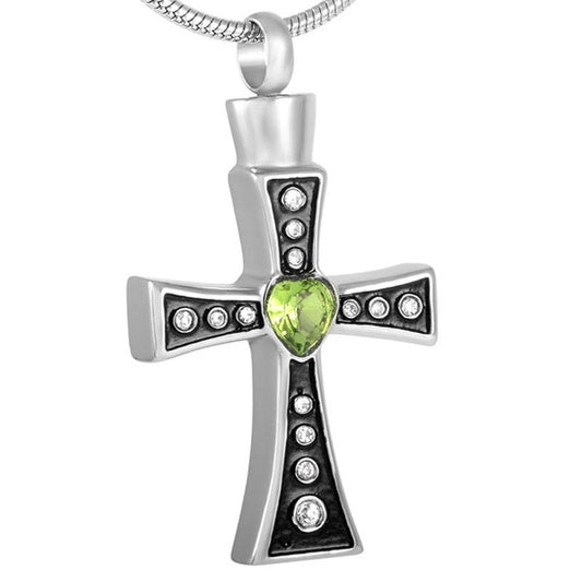 Urn Silver Cross with Green Heart Crystals and Necklace-Necklaces-Innovato Design-Innovato Design