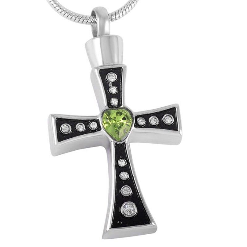 Urn Silver Cross with Green Heart Crystals and Necklace-Necklaces-Innovato Design-Innovato Design