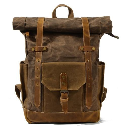 Large Capacity Vintage Canvas Waterproof Genuine Leather Backpack-Canvas and Leather Backpack-Innovato Design-Dark Brown-Innovato Design