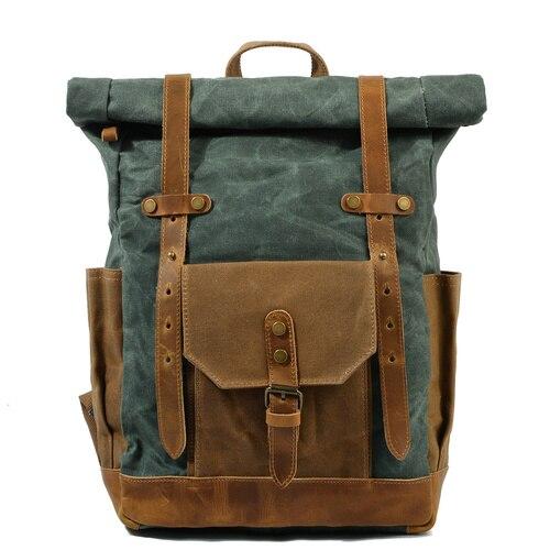 Large Capacity Vintage Canvas Waterproof Genuine Leather Backpack-Canvas and Leather Backpack-Innovato Design-Lake Green-Innovato Design