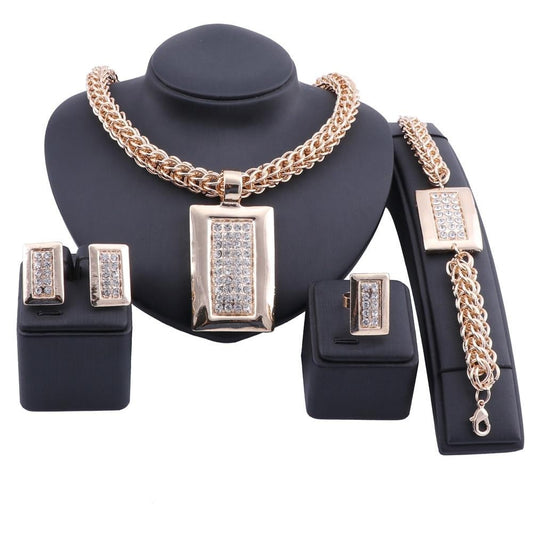 Gold-Plated Rectangular Crystal Necklace, Bracelet, Earrings & Ring Wedding Jewelry Set-Jewelry Sets-Innovato Design-Innovato Design