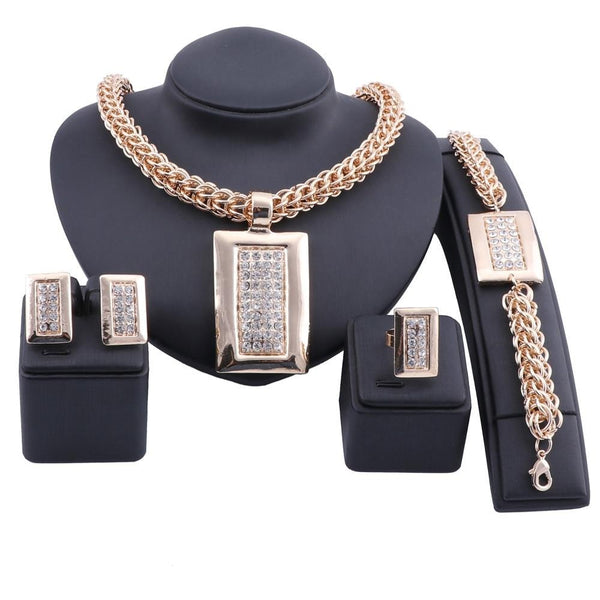 Gold-Plated Rectangular Crystal Necklace, Bracelet, Earrings & Ring Wedding Jewelry Set
