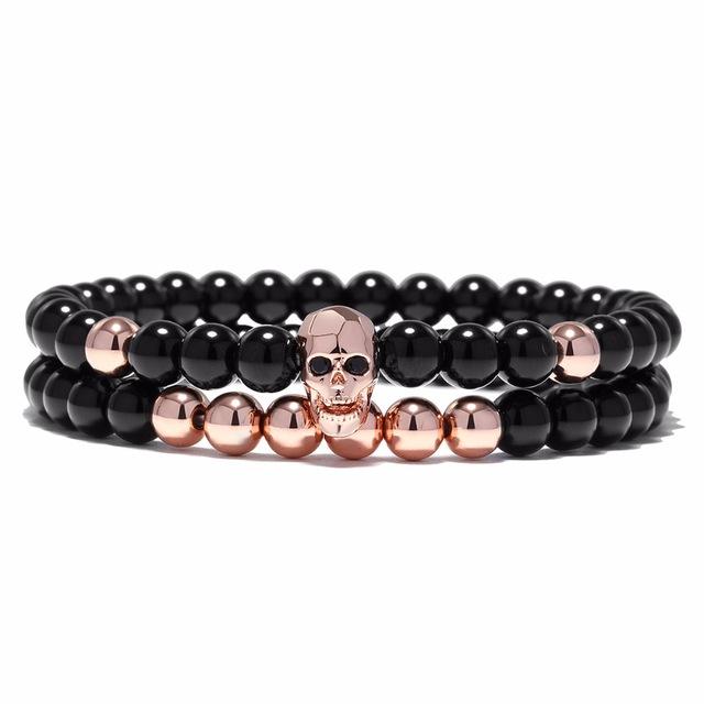 Elastic Black Onyx Beads Chain Bracelet-Skull Bracelet-Innovato Design-Rose Gold-Innovato Design